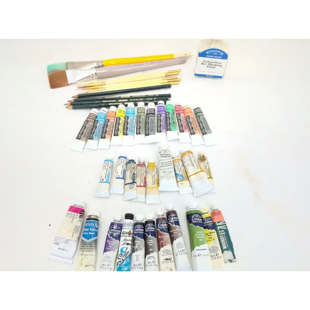 Used Lot of 32 Watercolor Paint  WINSOR NEWTON Grumbacher Cotman Brushes  Used